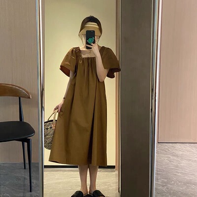 纯色简约设计感方领连衣裙中长裙