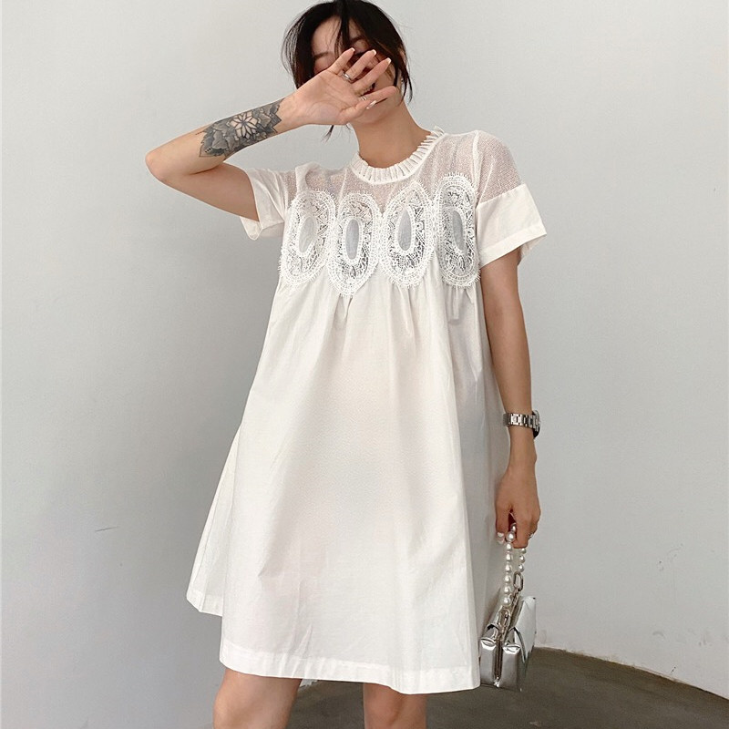 夏季蕾丝拼接连衣裙上衣遮肚子