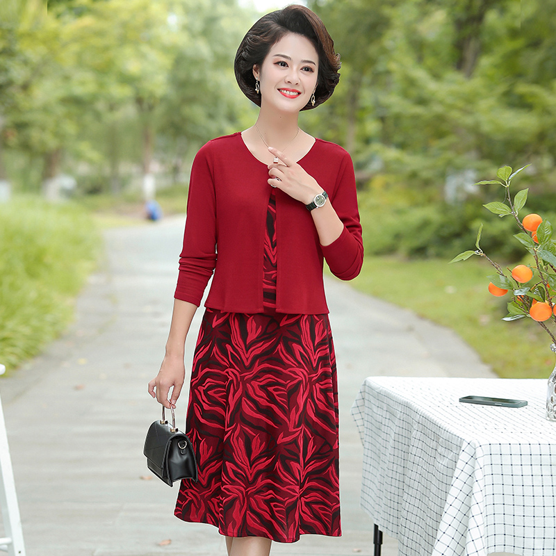 中年妈妈秋装连衣裙假两件针织上衣中老年女装阔太太宽松大码裙子