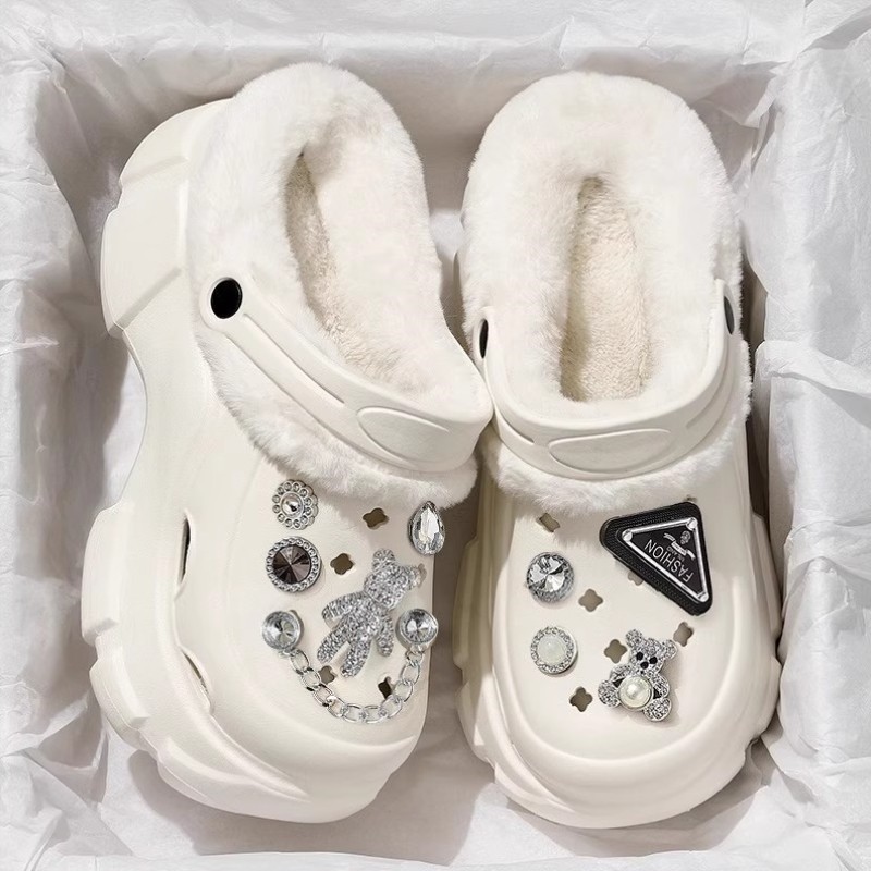 8.0厚底加绒洞洞鞋女款2025新款冬季外穿增高保暖包跟棉拖鞋女士