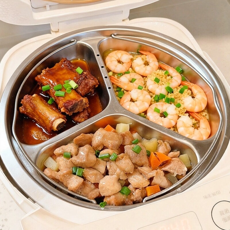 不锈钢电饭锅内分格蒸盘食品级电饭煲蒸笼家用厨房手提三格蒸菜盘