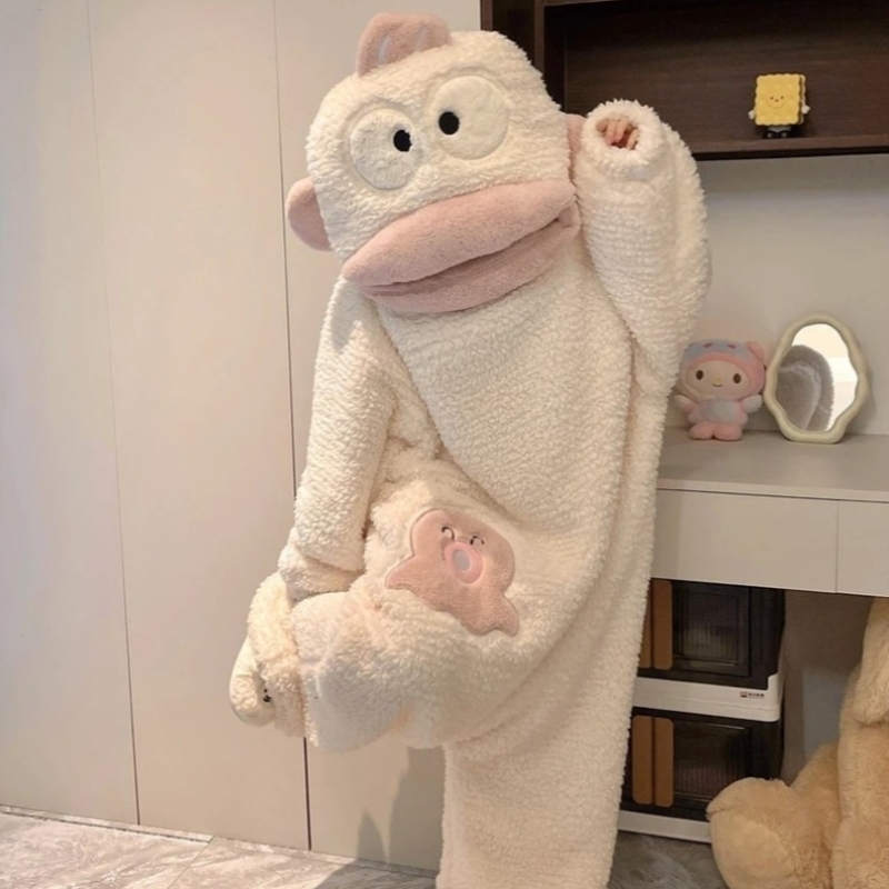 丑鱼连体睡衣秋冬女款2025新款加厚加绒法兰绒亲子儿童家居服套装