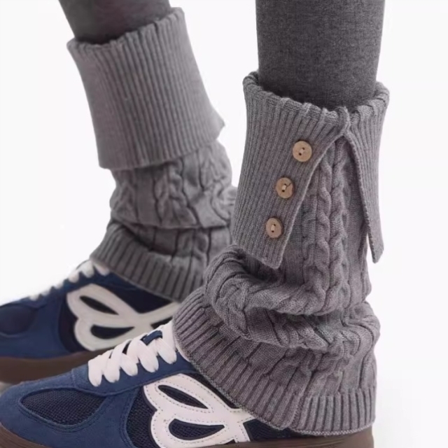 灰色复古麻花翻边纽扣腿套女休闲百搭加厚保暖叠穿打底裤堆堆袜套