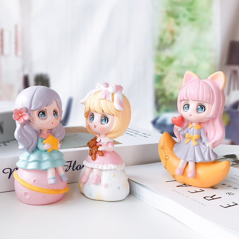 月亮女孩蛋糕摆件星球女孩小公主宝贝生日蛋糕装饰烘焙甜品台配件