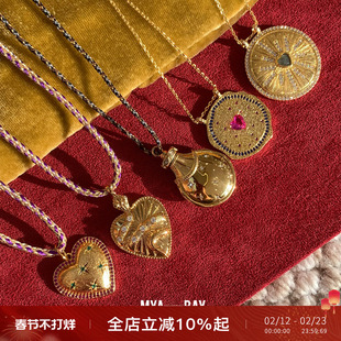 比利时MYA BAY 香水瓶爱心圆形吊坠镀金项链天然石手工编绳锁骨链