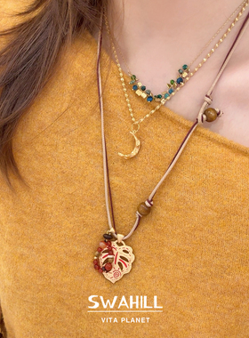 SWAHILL斯瓦山丘 龟背叶长项链双层叠戴原创设计时尚长项链毛衣链