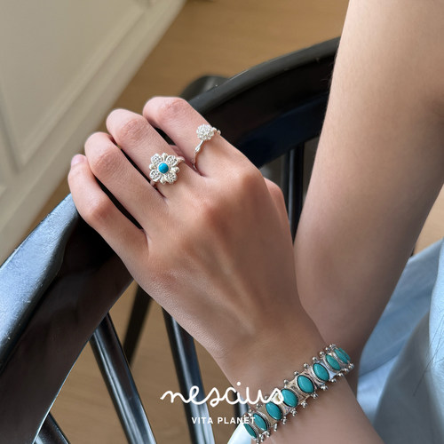 nescius发财花戒指纯银蓝松石