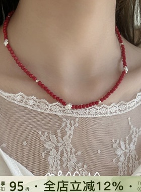 nescius红玫瑰串珠项链锁骨链