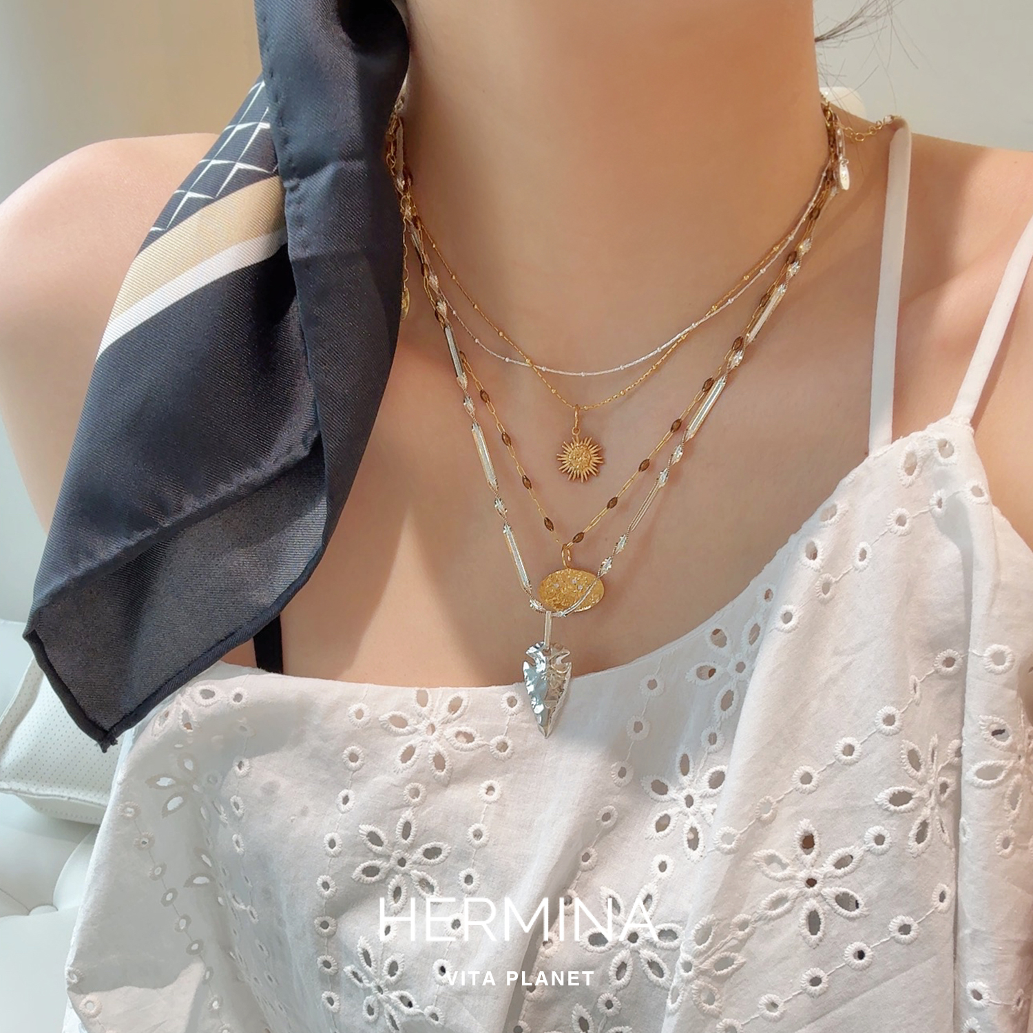 Hermina Athens正品希腊纯银项链镀金叠戴多吊坠自由组合手工制作