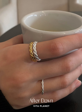 韩国After Dawn麻花戒指纯银叠戴细戒小众设计感镀18k金指环对戒