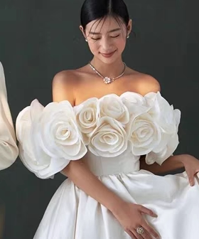 影楼主题婚纱手工花朵披肩一字领唯美露肩配饰旅拍生日写真妆造