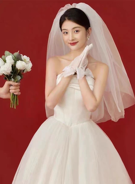 影楼主题婚纱摄影服装情侣写真拍照头纱简约白色中长款蓬蓬造型纱