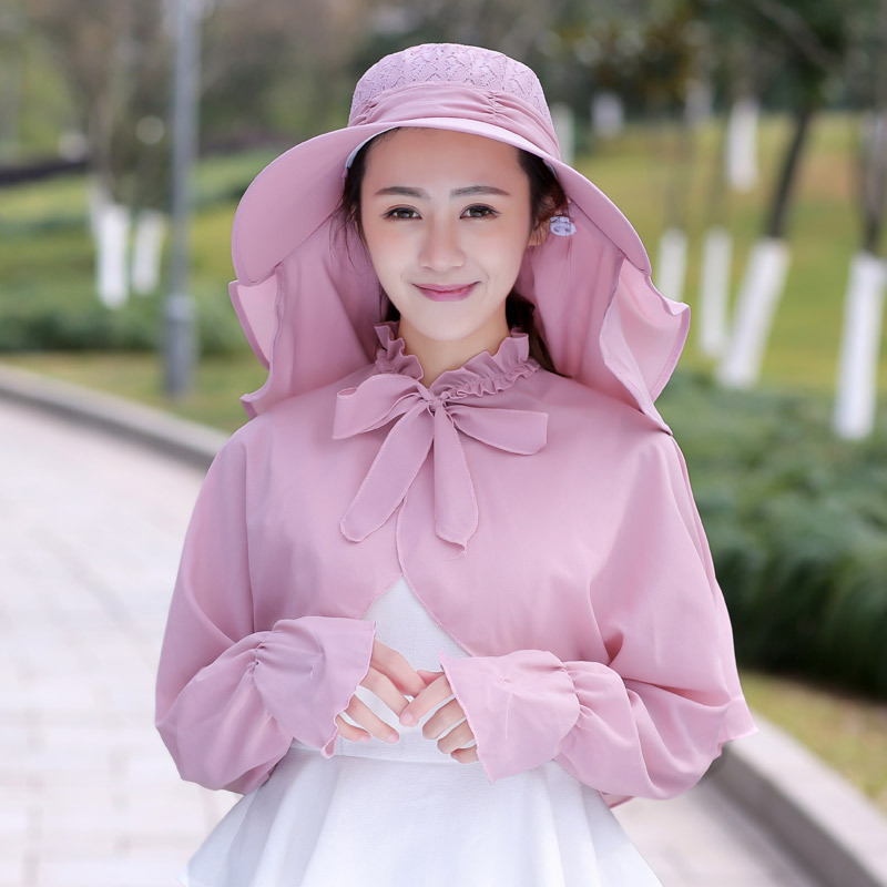 大檐遮阳帽女360度帽子沙滩太阳帽骑车登山徒步袖套披肩套装