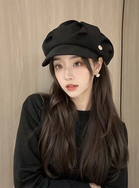 褶皱云朵帽子女2023年韩版八角帽大头围显脸小时尚个性小众贝雷帽