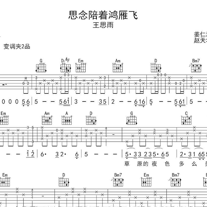 弹唱吉他谱 思念陪着鸿雁飞 和弦指法图 六线谱 简谱 扒谱 谱子