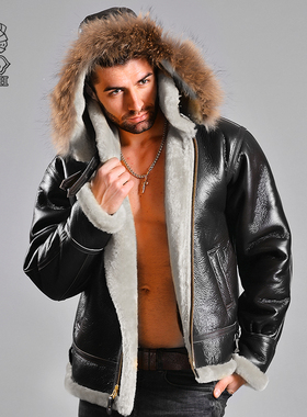 进口Cockpit飞行员B3皮衣保暖高端皮毛一体带帽真皮外套复古夹克