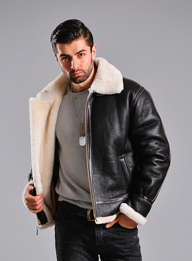 进口cockpit绵羊皮毛一体B3空军飞行皮衣冬季高端休闲真皮加厚