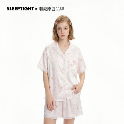 思莉太太睡衣女款夏季凉感冰丝绸甜美蕾丝碎花小狗短袖夏天家居服