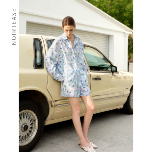 家居服两件套装 NT夏季 短裤 纯棉贡缎印花睡衣女士长袖 薄款