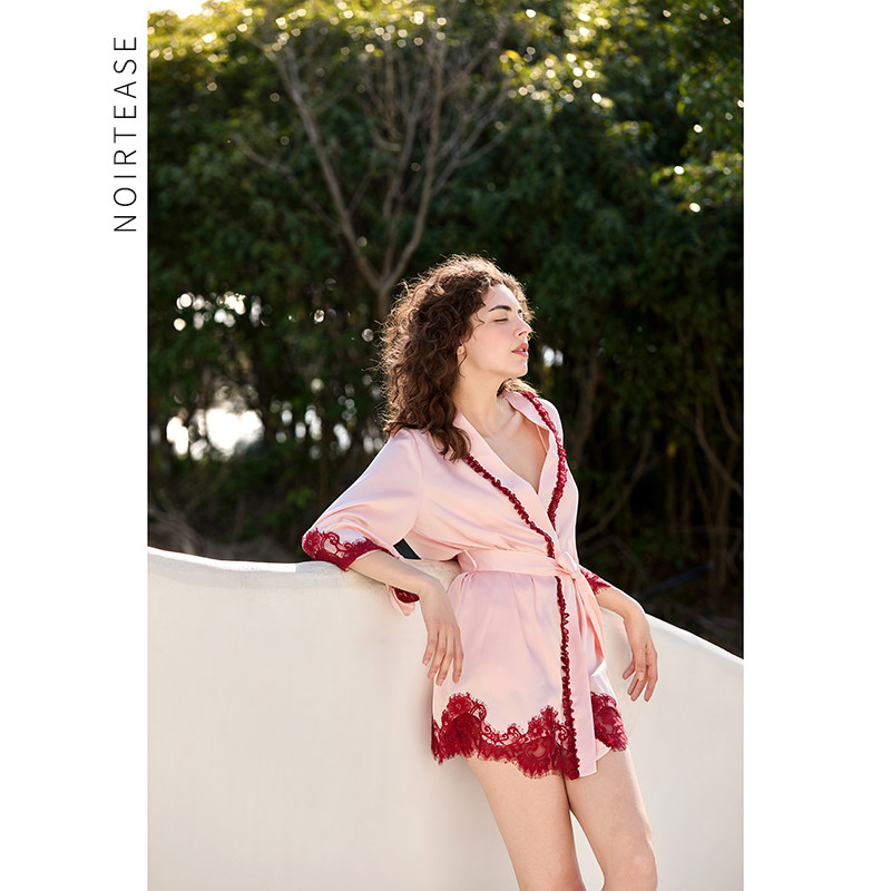 NT夏季丝质薄款睡裙女士性感蕾丝V领系带纯欲风浴袍家居服可外穿