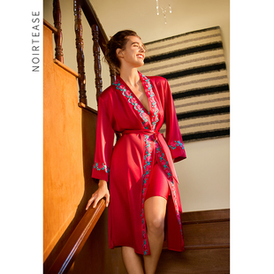 NT春秋丝质薄款性感睡袍女士V领中长款绣花蕾丝系带浴袍家居服