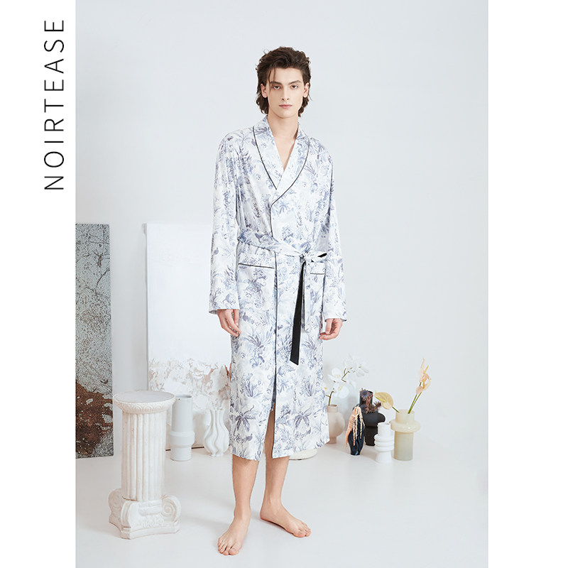 NT24新款丝质印花睡袍男士薄款休闲长袖冰丝系带浴袍家居服春秋季