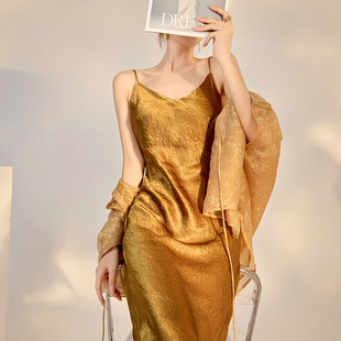 古韵新潮新中式 国风纯色高腰醋酸吊带连衣裙简约轻奢长裙M4081B