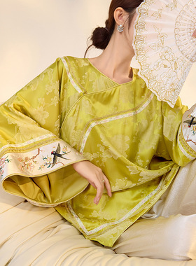 国风新中式提花黄色人丝衬衫高级新潮设计感轻奢气质上衣M5138