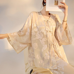 两件套M5071 气质宽松长裤 新潮国风新中式 花枝印花盘扣人丝衬衫