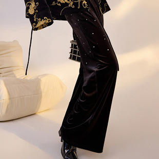 新潮阔腿垂感直筒休闲裤 M3015 绣珠简约设计感气质黑色高腰长裤