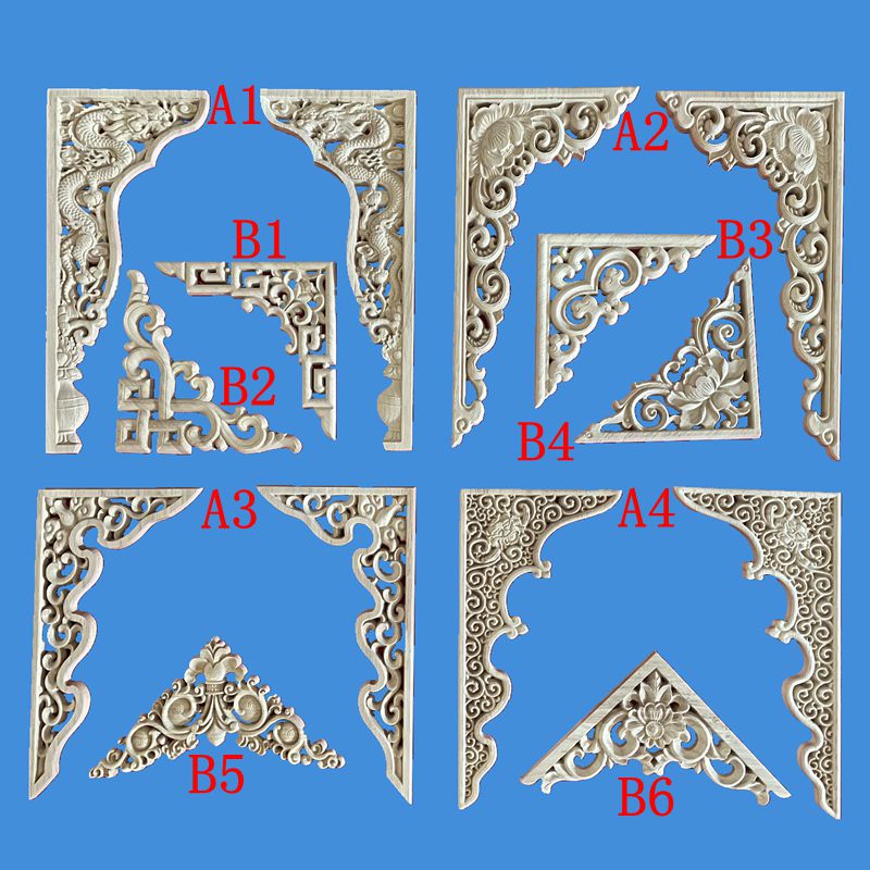 藏式佛堂装修实木雕花角花中式贴花片装饰背景墙柜门镂空木花仿古