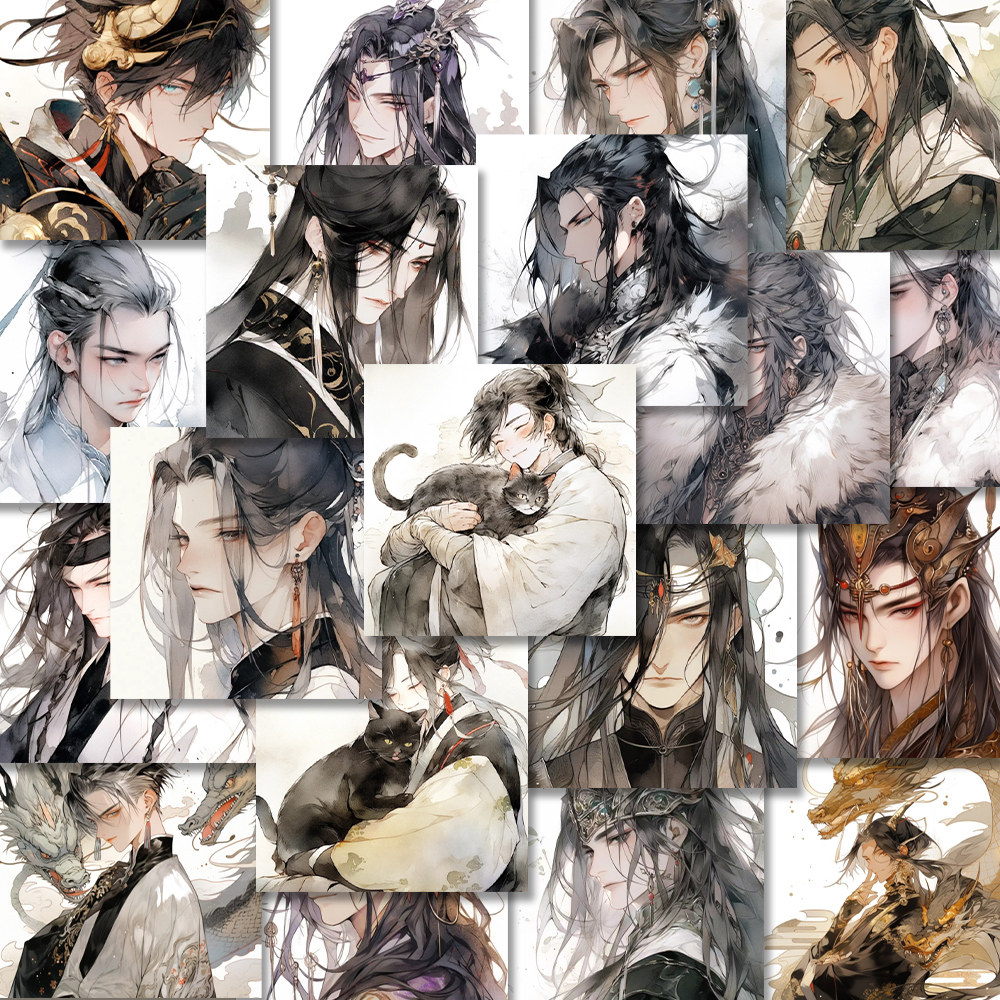 54张中国风唯美少年贴纸古风氛围感帅哥插画笔记本电脑贴画防水