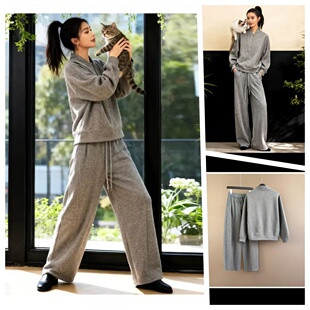 两件套休闲运动套装 宽松阔腿裤 女春秋季 慵懒风半拉链卫衣套装