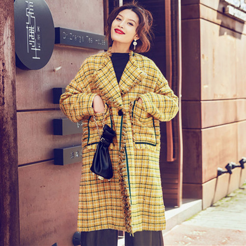 流苏口袋撞色包边编织西装领大衣