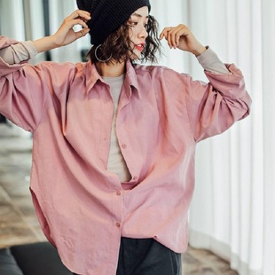 韩版oversize百搭男友粉色衬衫女高级感春秋休闲宽松慵懒风上衣女