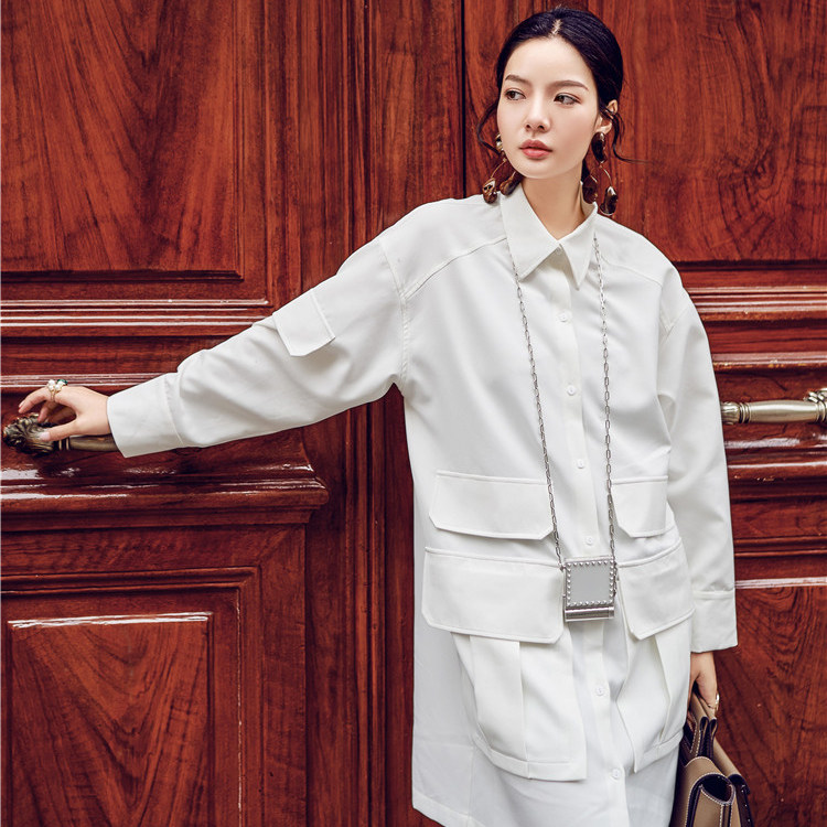 设计感街头多口袋白衬衫秋季新品宽松显瘦中长款方领长袖衬衣裙,女装/女士精品,衬衫,淘宝优惠券,粉丝福利购,淘宝优惠卷