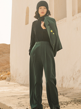 春季新品复古墨绿色一粒扣休闲西装百搭宽松阔腿裤时尚两件套