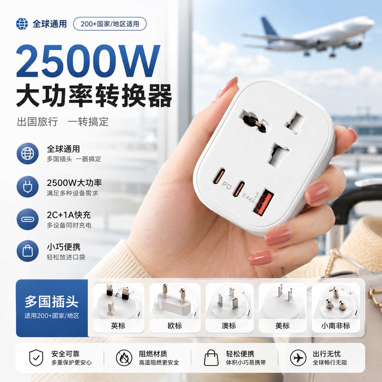 跨境出海旅行转换插头英美标欧标小南非欧式日本转换器PD无线插