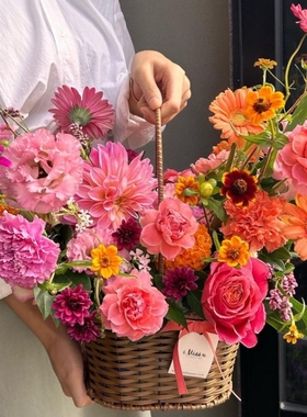 西岱岛 | 北京同城鲜花速递新款小丽花橙色系生日祝福花篮 七月