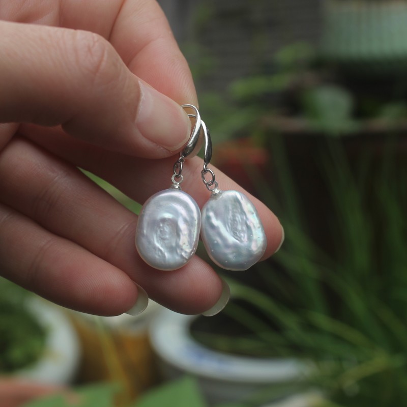 天然淡水珍珠巴洛克扁片炫彩 耳环 珍珠耳饰 s925纯银 耳钩