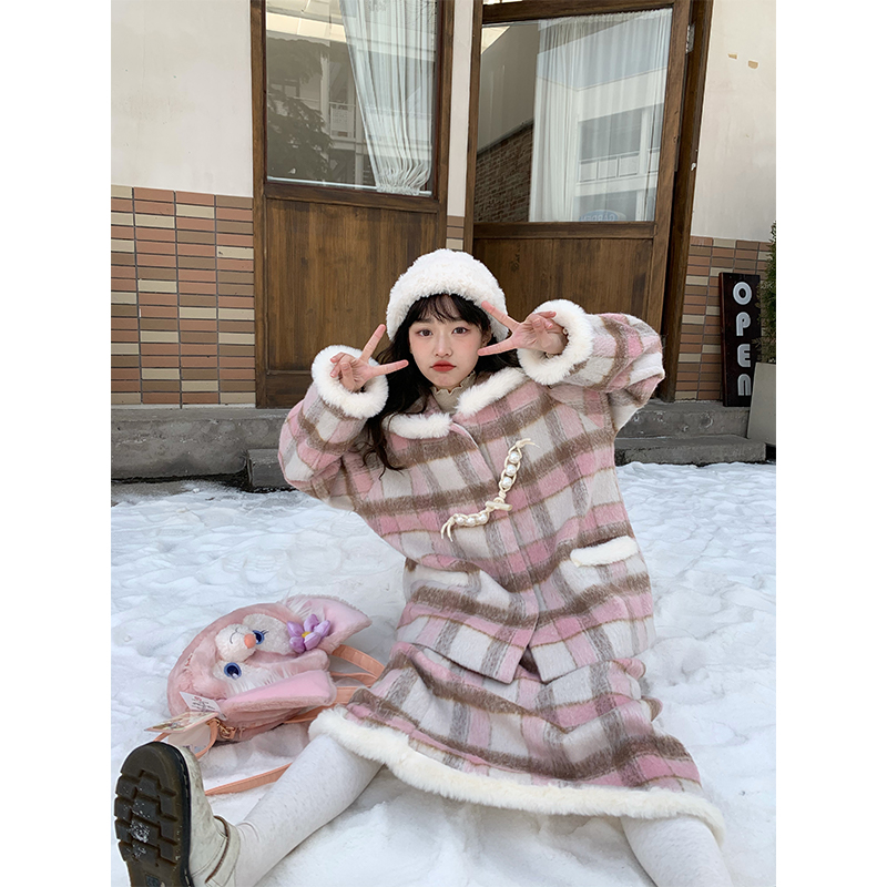 蛋包饭餐厅_粉色格纹时尚套装女春季日系可爱甜美套装裙两件套