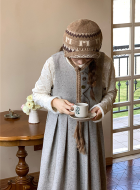 蛋包饭餐厅 灰色中长款连衣裙纽扣背带裙 10.31 新品95折上架