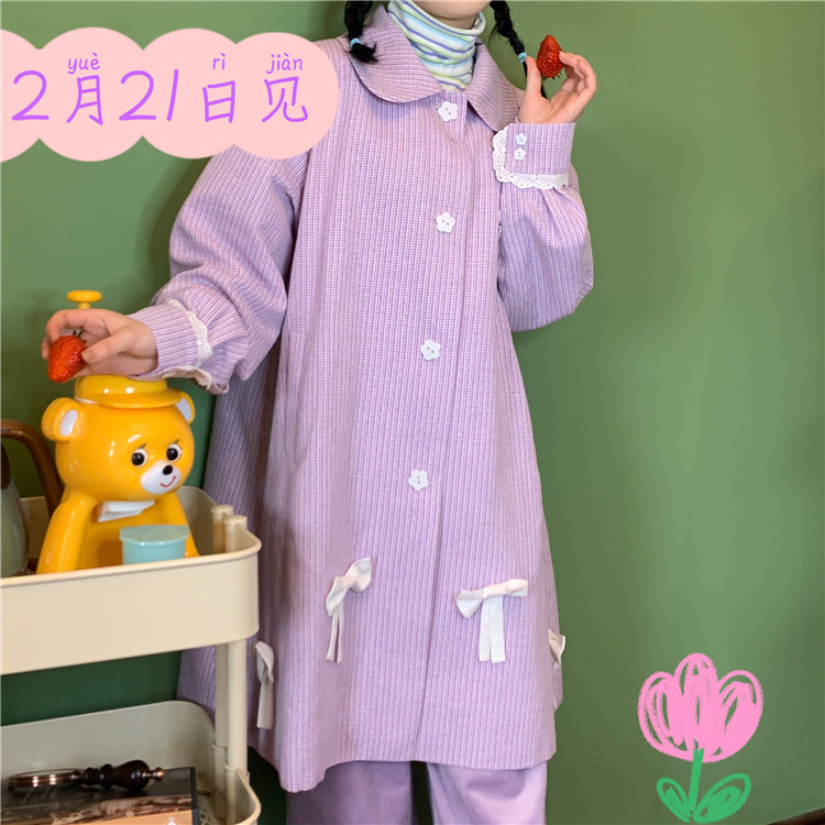 蛋包饭餐厅自制风衣女中长款紫色少女学院风休闲显瘦宽松流行外套