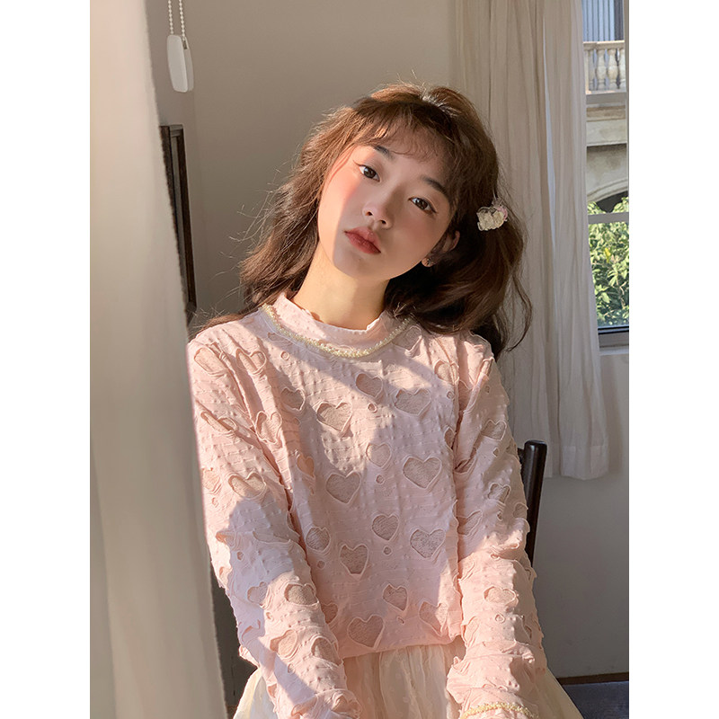 蛋包饭餐厅【草莓心巧】可爱少女镂空T恤春季女粉色长袖内搭上衣,女装/女士精品,T恤,淘宝优惠券,粉丝福利购,淘宝优惠卷