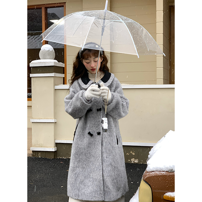 蛋包饭餐厅【落叶街道】蝴蝶结灰色毛呢外套女冬季中长款甜美大衣