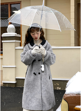 蛋包饭餐厅【落叶街道】蝴蝶结灰色毛呢外套女冬季中长款甜美大衣