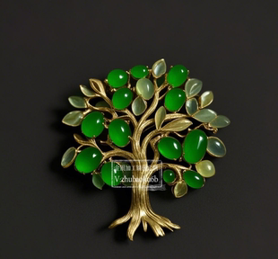 生命之树蛋面翡翠胸针9k人造钻镶嵌田园森系寓意好礼物真金不掉色