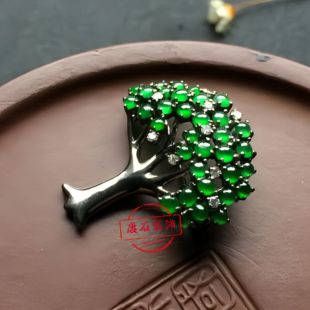 设计感百搭生命树胸针银镀金手镶天然A翡翠蛋面胸针中古大树治愈