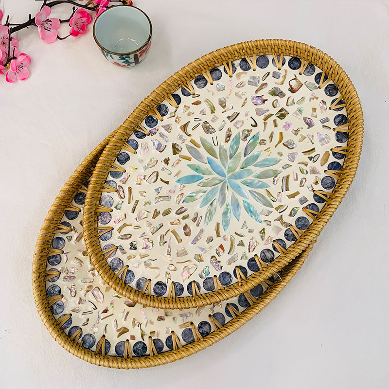 新品藤编贝壳镶椭圆款果盘零食收纳托盘两件套大34*23中30*20cm
