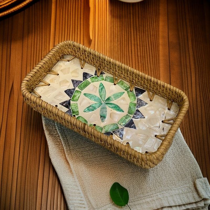 东南亚高颜值手工藤编贝壳托盘餐桌收纳零食点心盘